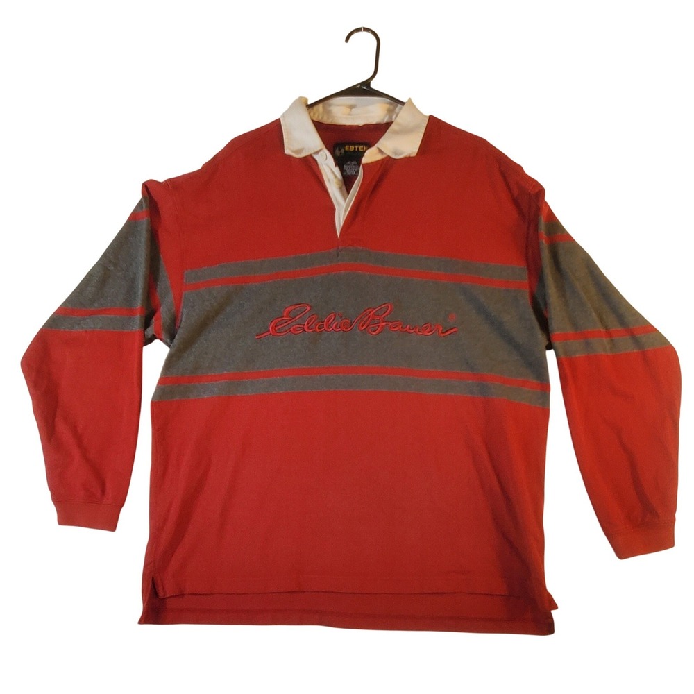 Eddie Bauer Mens Long Sleeve‎ Rugby Shirt Red Gray Stripe Logo Size L